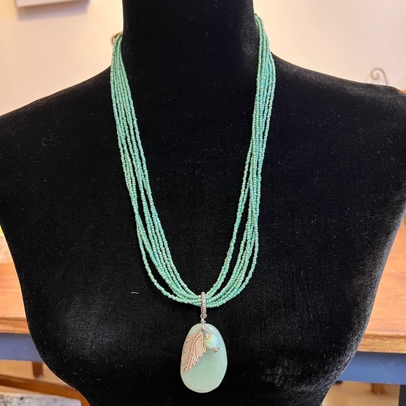 Jewelry - Multi-Strand Green Beaded Necklace – Aventurine Pendant with Leaf Charm